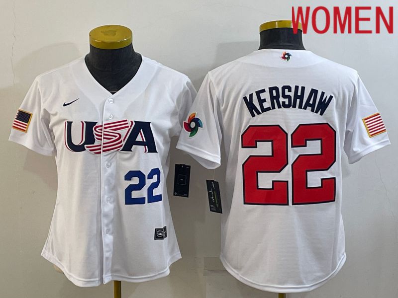 Women 2023 World Cub USA 22 Kershaw White Nike MLB Jersey5